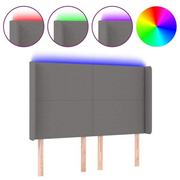 Sänggavel LED mörkgrå 147x16x118/128 cm tyg