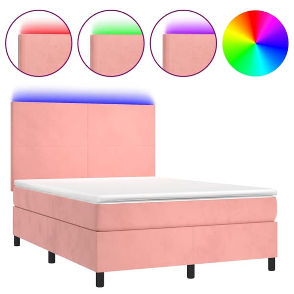 Ramsäng med madrass rosa & LED 140x190 cm sammet
