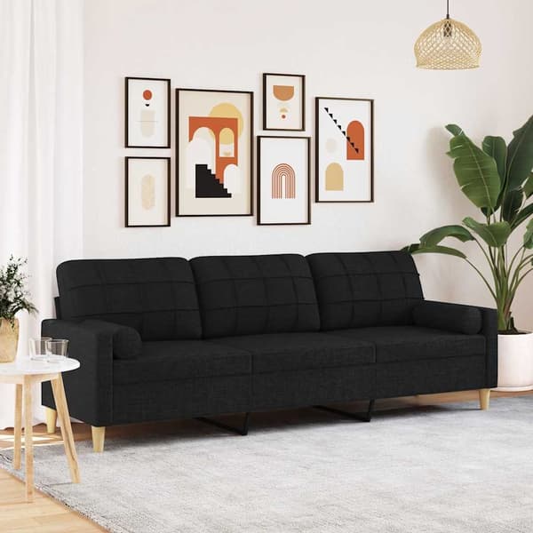 3-sitssoffa med prydnadskuddar svart 210 cm tyg