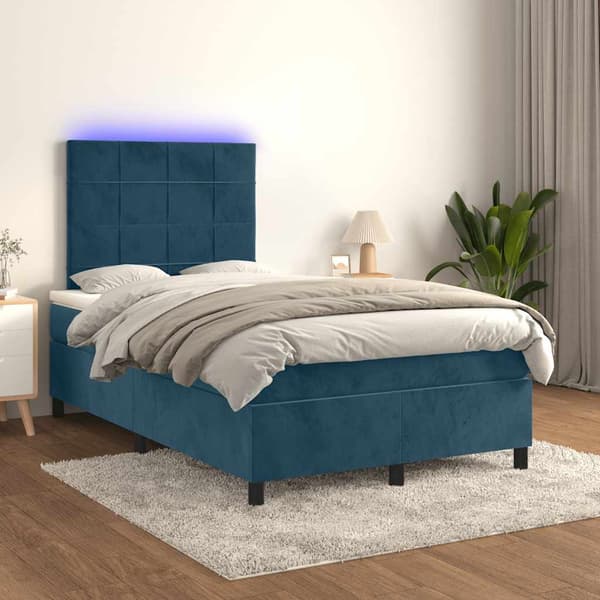 Ramsäng med madrass & LED mörkblå 120x190 cm sammet