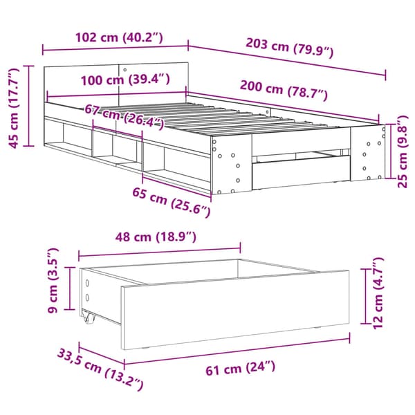 Sängram med låda vit 100x200 cm konstruerat trä