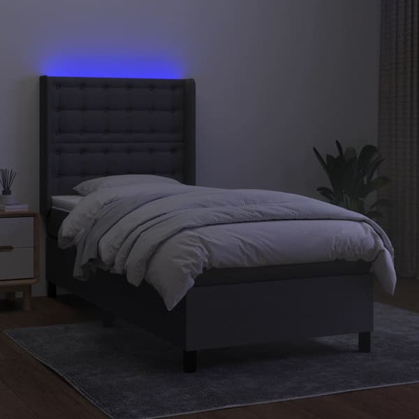 Ramsäng med madrass & LED mörkgrå 90x200 cm tyg