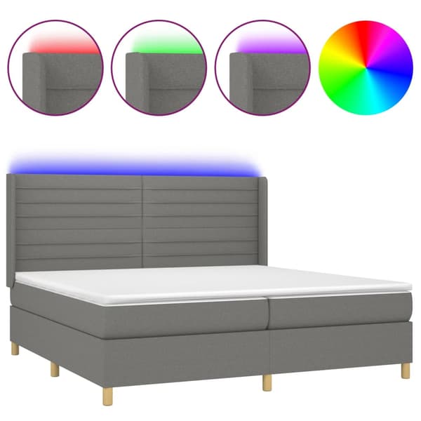 Ramsäng med madrass & LED mörkgrå 200x200 cm tyg