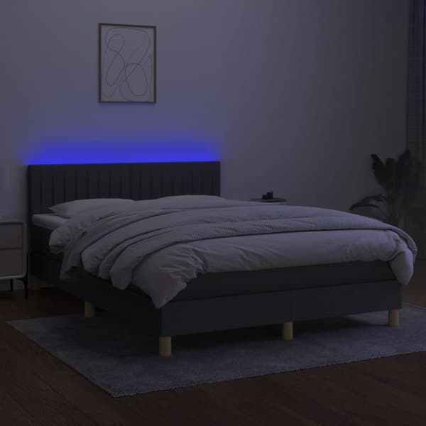 Ramsäng med madrass & LED mörkgrå 140x200 cm tyg