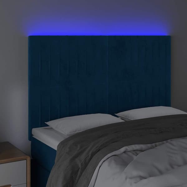 Sänggavel LED mörkblå 144x5x118/128 cm sammet