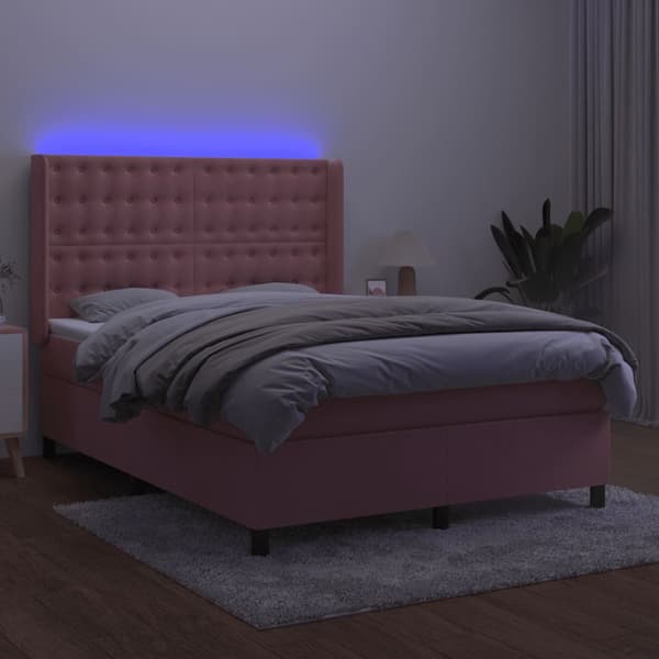 Ramsäng med madrass rosa & LED 140x200 cm sammet