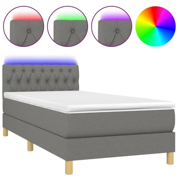Ramsäng med madrass & LED mörkgrå 90x190 cm tyg