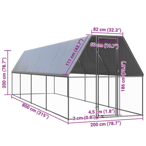 Hönsbur för utomhusbruk 2x8x2 m galvaniserat stål