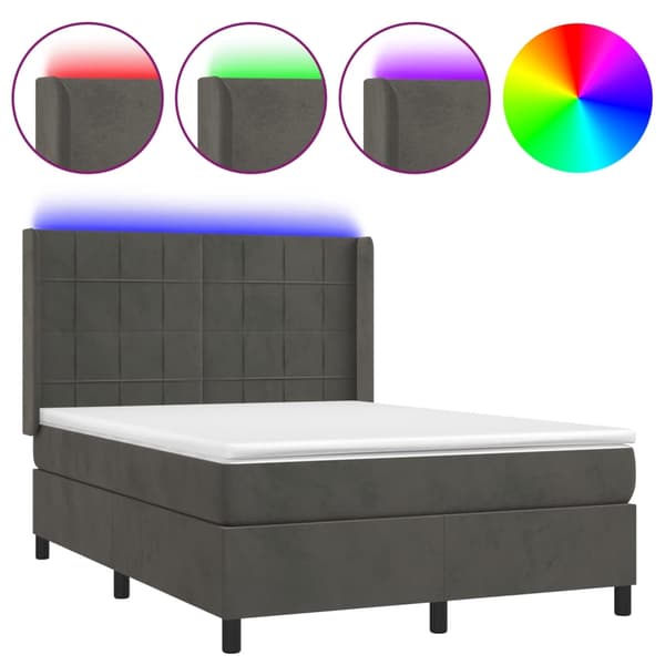 Ramsäng med madrass & LED mörkgrå 140x190 cm sammet