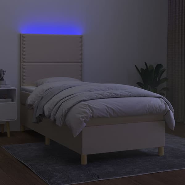 Ramsäng med madrass & LED gräddvit 90x200 cm tyg