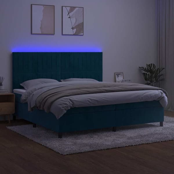 Ramsäng med madrass & LED mörkblå 200x200 cm sammet