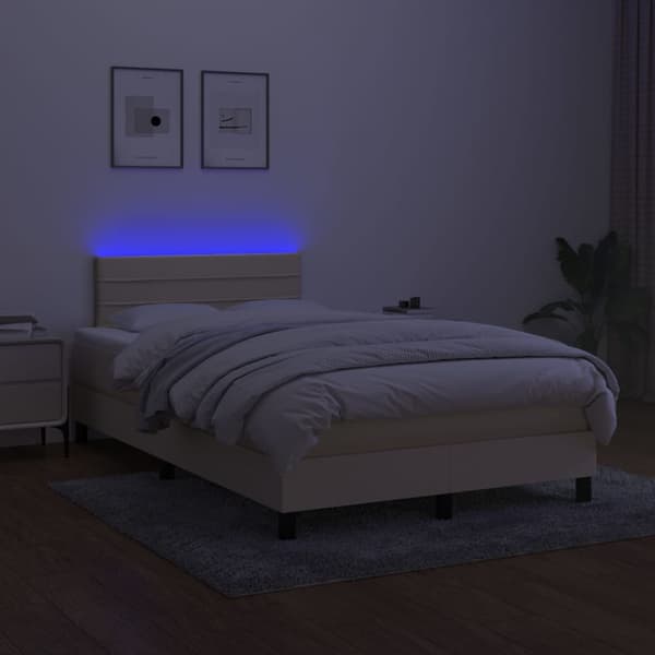 Ramsäng med madrass & LED gräddvit 120x200 cm tyg