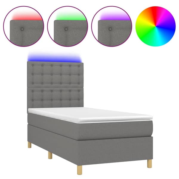 Ramsäng med madrass & LED mörkgrå 90x190 cm tyg