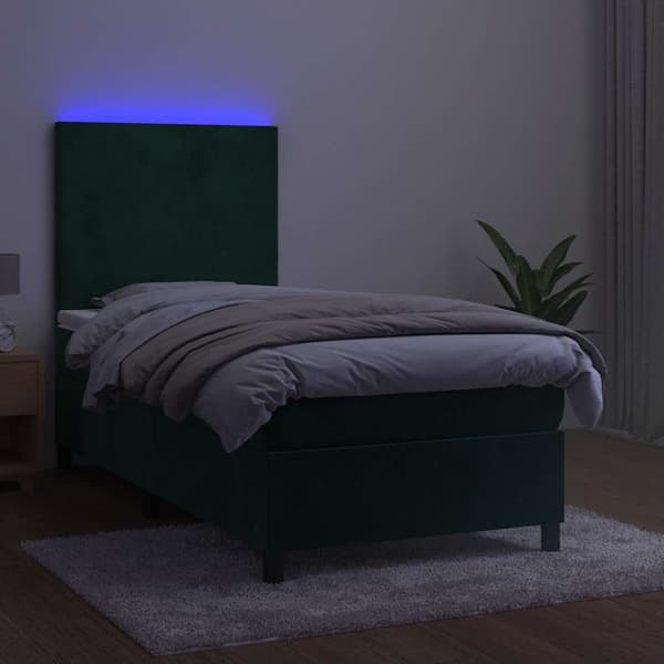 Ramsäng med madrass & LED mörkgrön 100x200 cm sammet