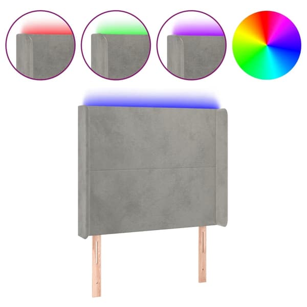 Sänggavel LED ljusgrå 83x16x118/128 cm sammet