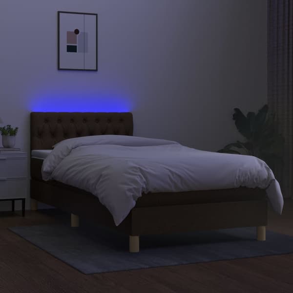 Ramsäng med madrass & LED mörkbrun 100x200 cm tyg