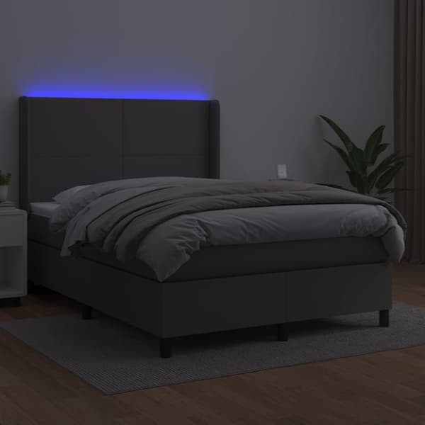 Ramsäng med madrass & LED grå 140x200 cm konstläder