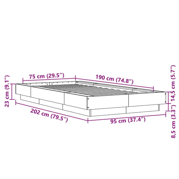 Sängram rökfärgad ek 75x190 cm konstruerad trä