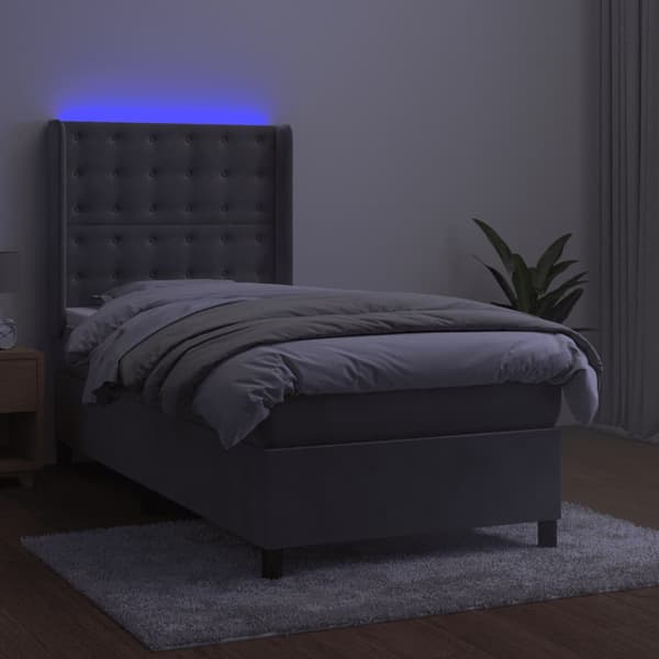 Ramsäng med madrass & LED ljusgrå 90x200 cm sammet