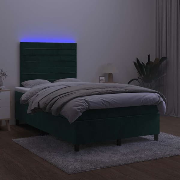 Ramsäng med madrass & LED mörkgrön 120x200 cm sammet
