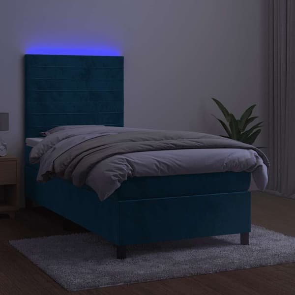 Ramsäng med madrass & LED mörkblå 100x200 cm sammet