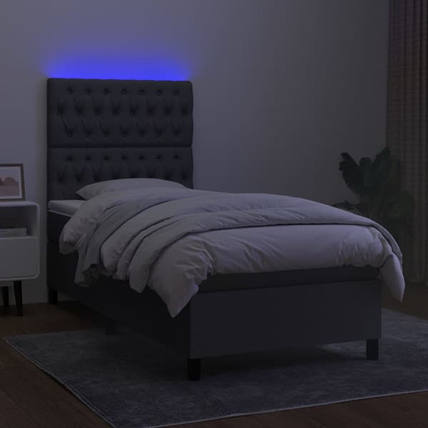 Ramsäng med madrass & LED mörkgrå 100x200 cm tyg