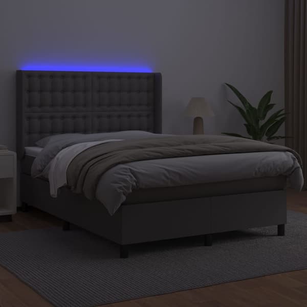 Ramsäng med madrass & LED grå 140x190 cm konstläder