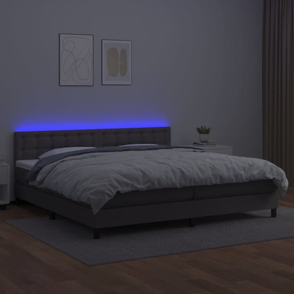 Ramsäng med madrass & LED grå 200x200 cm konstläder