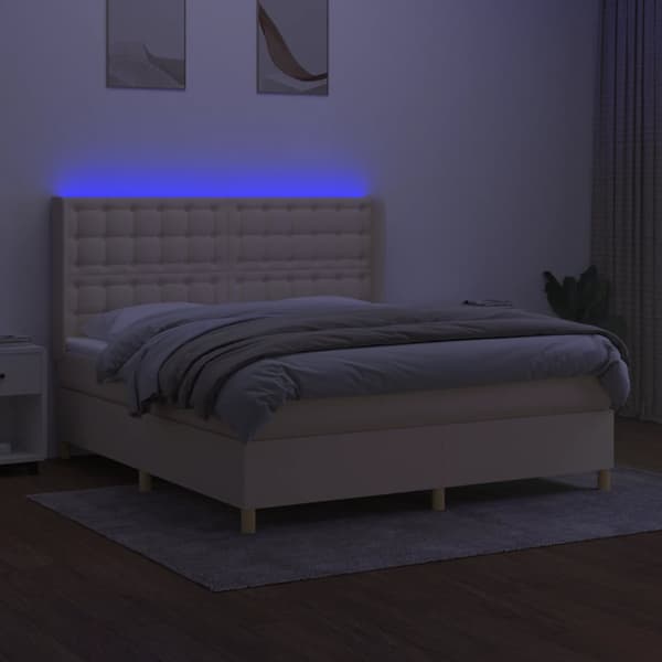 Ramsäng med madrass & LED gräddvit 180x200 cm tyg