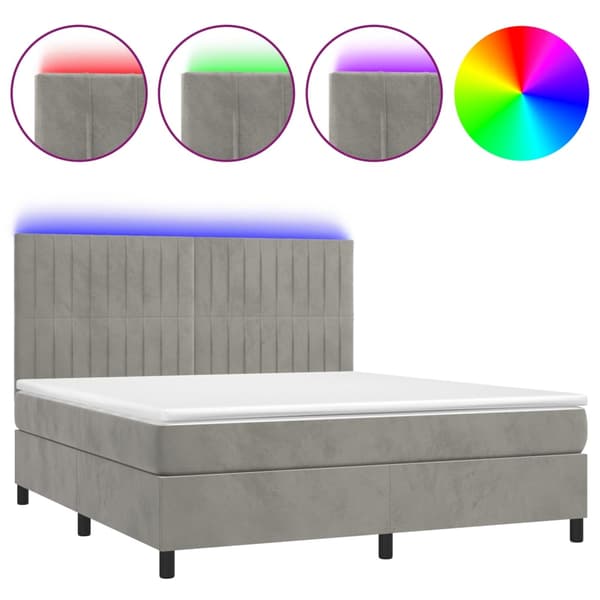 Ramsäng med madrass & LED ljusgrå 180x200 cm sammet
