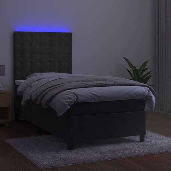 Ramsäng med madrass & LED mörkgrå 100x200 cm sammet