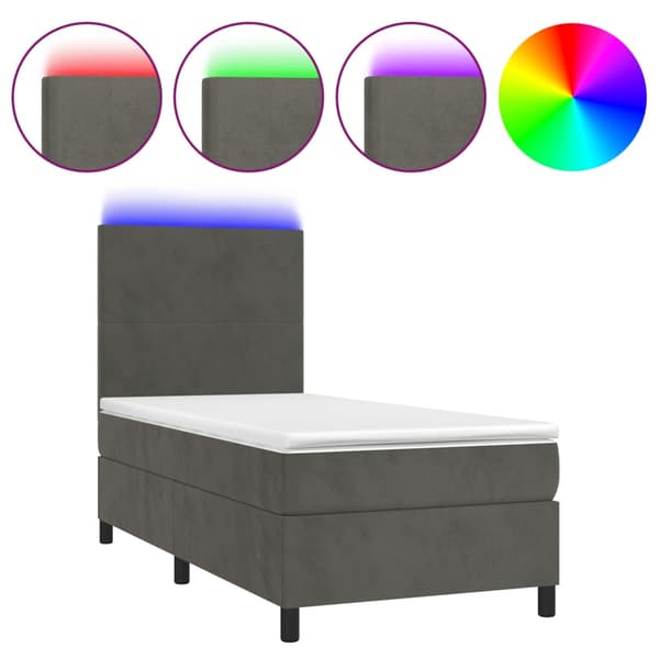Ramsäng med madrass & LED mörkgrå 90x190 cm sammet