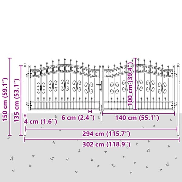 Grind med spetstopp KAMPEN 305 x 100 cm Stål Grå Låsbar