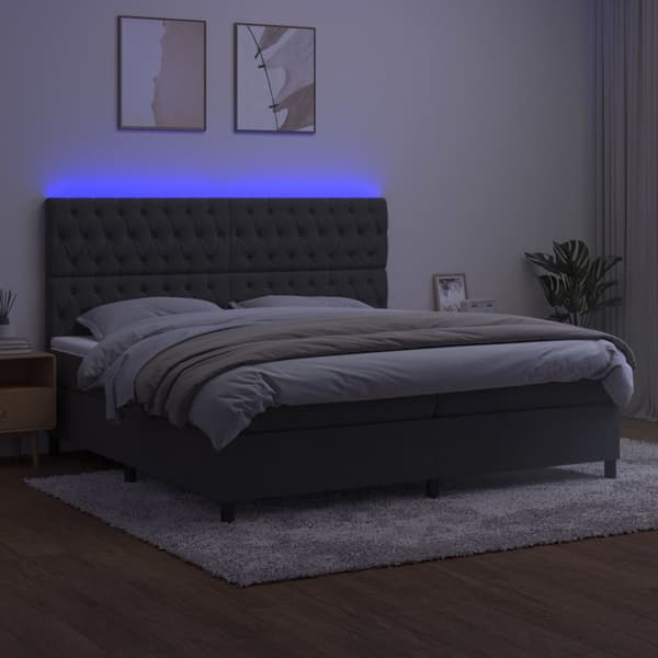 Ramsäng med madrass & LED mörkgrå 200x200 cm sammet