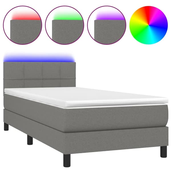 Ramsäng med madrass & LED mörkgrå 90x190 cm tyg