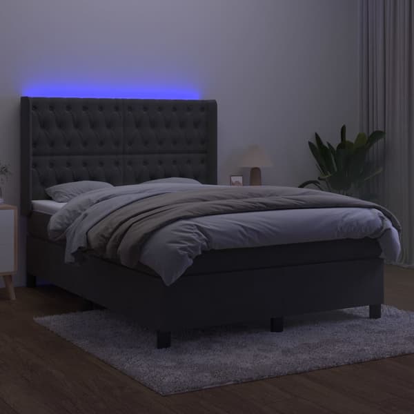 Ramsäng med madrass & LED mörkgrå 140x190 cm sammet
