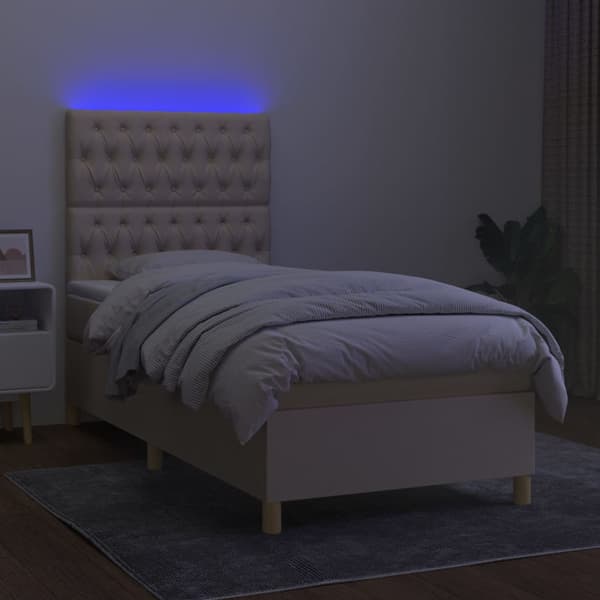 Ramsäng med madrass & LED gräddvit 100x200 cm tyg