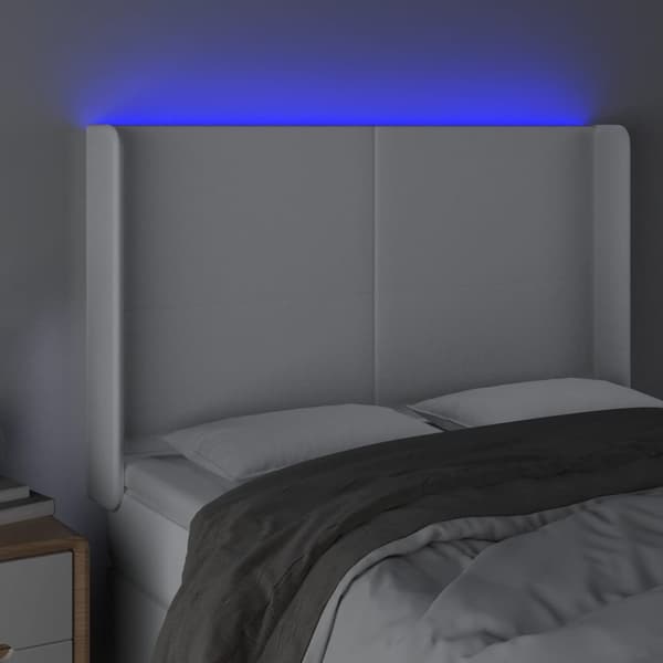 Sänggavel LED vit 147x16x118/128 cm konstläder