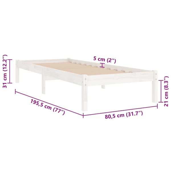 Sängram vit massivt trä 75x190 cm