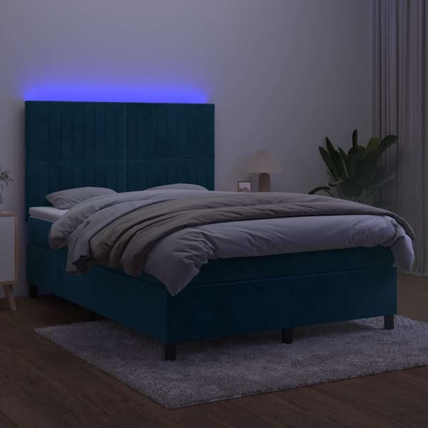 Ramsäng med madrass & LED mörkblå 140x190 cm sammet