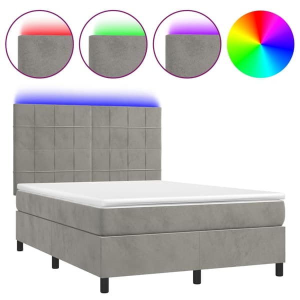 Ramsäng med madrass & LED ljusgrå 140x190 cm sammet