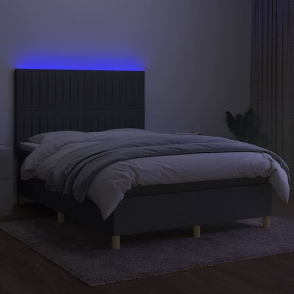 Ramsäng med madrass & LED mörkgrå 140x200 cm tyg