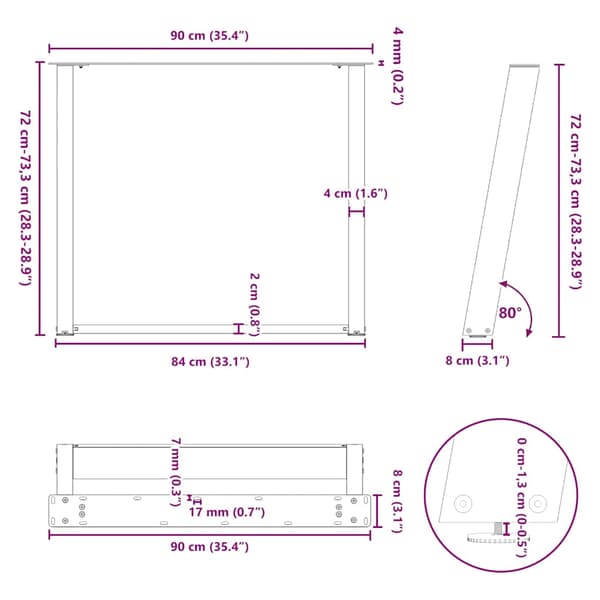Matbordsben U-formade 2 st antracit 90x(72-73) cm stål