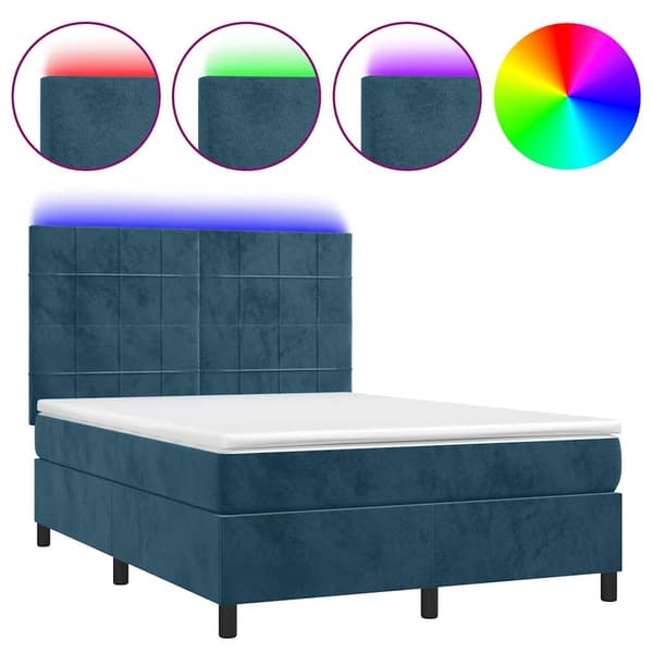 Ramsäng med madrass & LED mörkblå 140x190 cm sammet