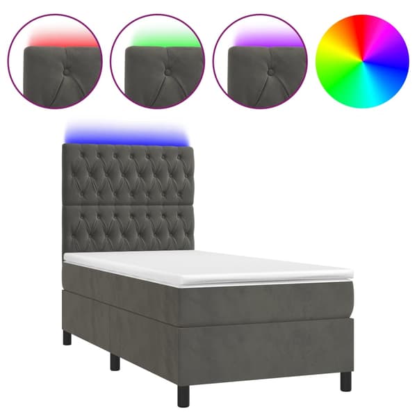 Ramsäng med madrass & LED mörkgrå 90x190 cm sammet