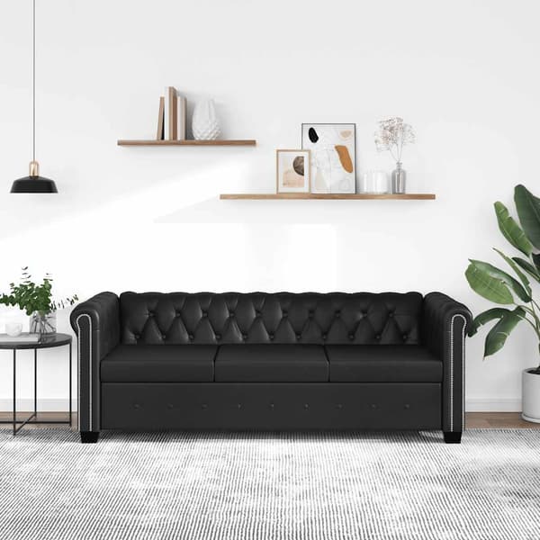Chesterfield 3-sits konstläder svart