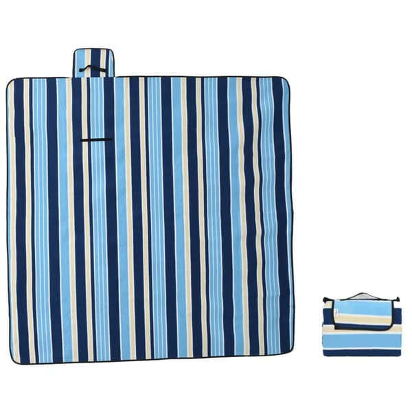 Picknickfilt vikbar blå och vit randig 200x200 cm sammet