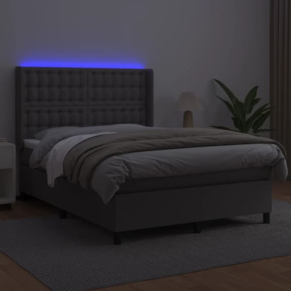 Ramsäng med madrass & LED grå 140x200 cm konstläder