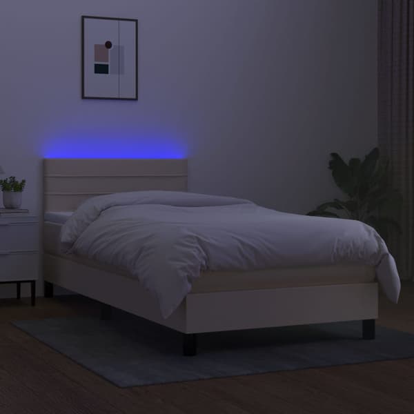 Ramsäng med madrass & LED gräddvit 90x200 cm tyg