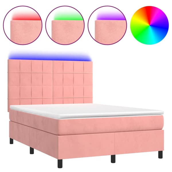 Ramsäng med madrass rosa & LED 140x200 cm sammet